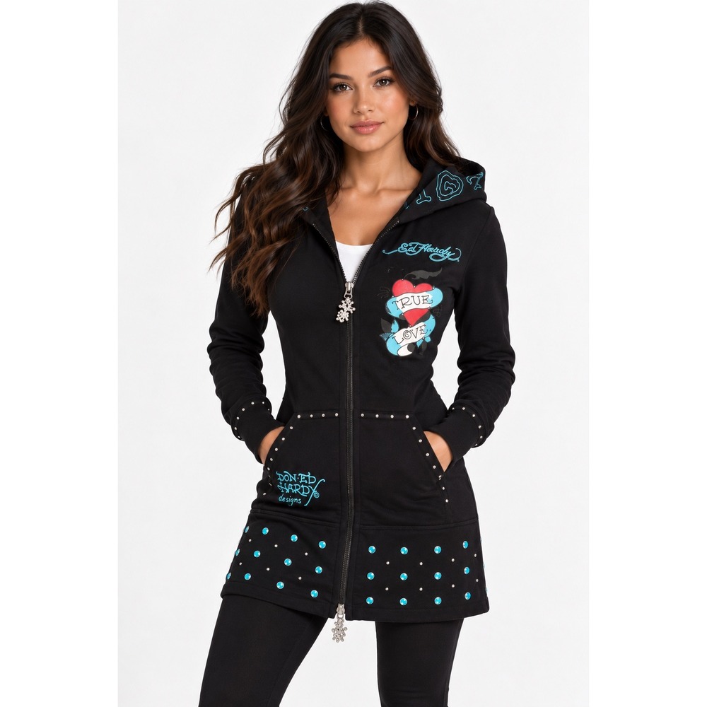 Ed Hardy Vintage Y2K Archive Zip Hoodie True Love Punk Studs Zip Up Dress Navy